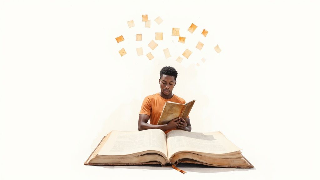 A young Black man reads a book, with ideas floating above his head, and a large open book below.