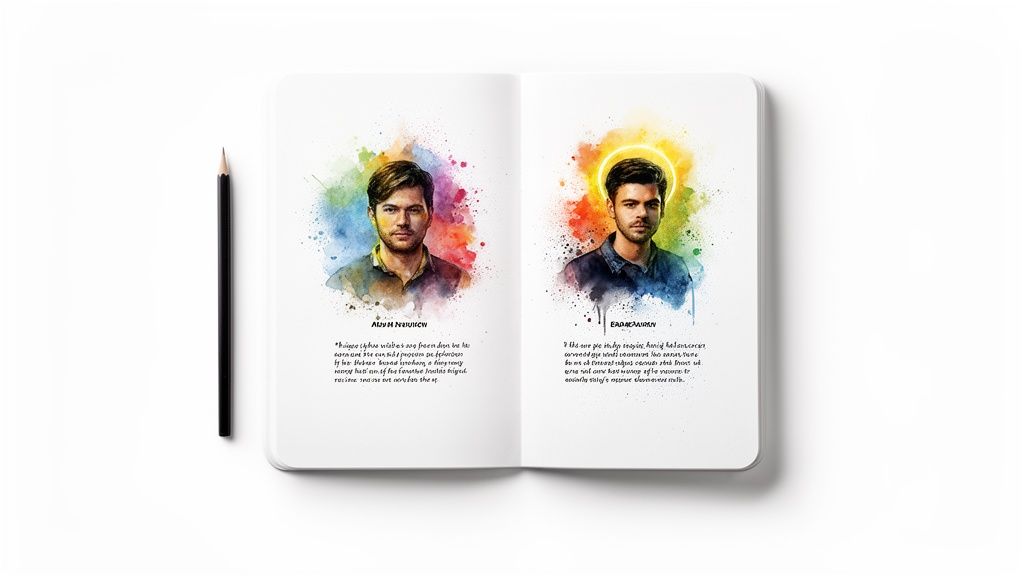 An open notebook displays two colorful watercolor portraits of men with text, next to a black pencil.