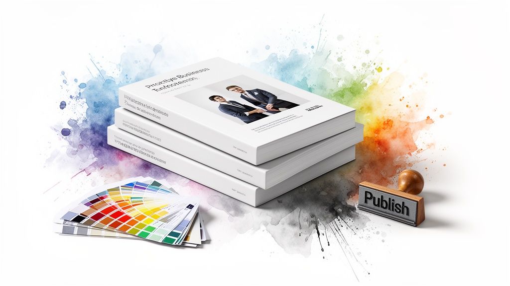 Stack of business books with a cover showing two men, color swatches, and a 'Publish' stamp against a colorful watercolor background.