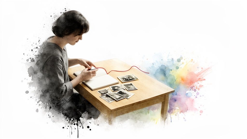 A person at a table with old photos and a notebook, blending memories with colorful art.