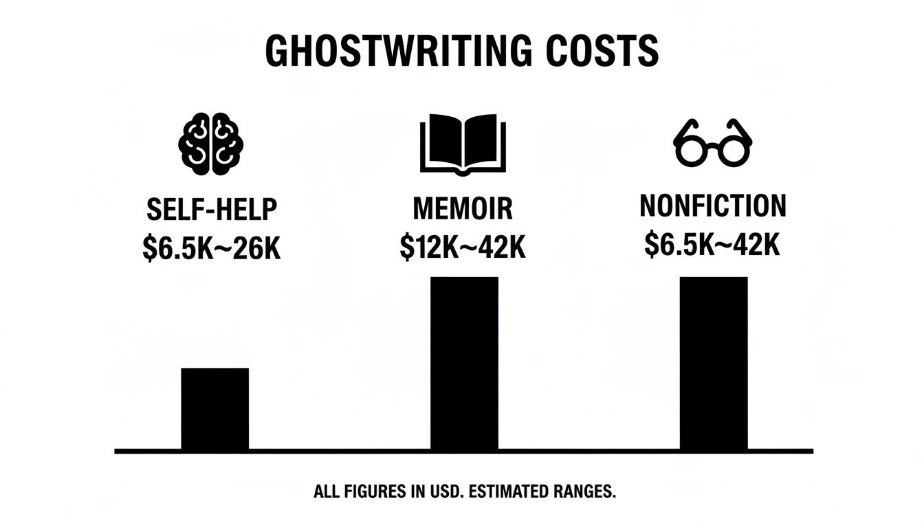 Infographic detailing ghostwriting costs for self-help, memoir, and nonfiction books with price ranges.