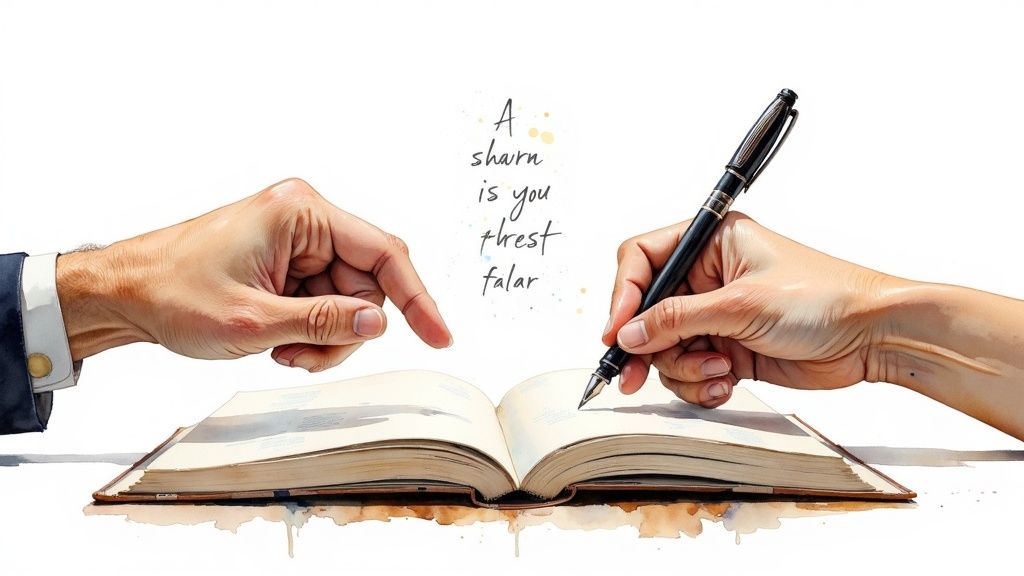 Two hands, one pointing at an open book, and another writing with a pen, against a white background.