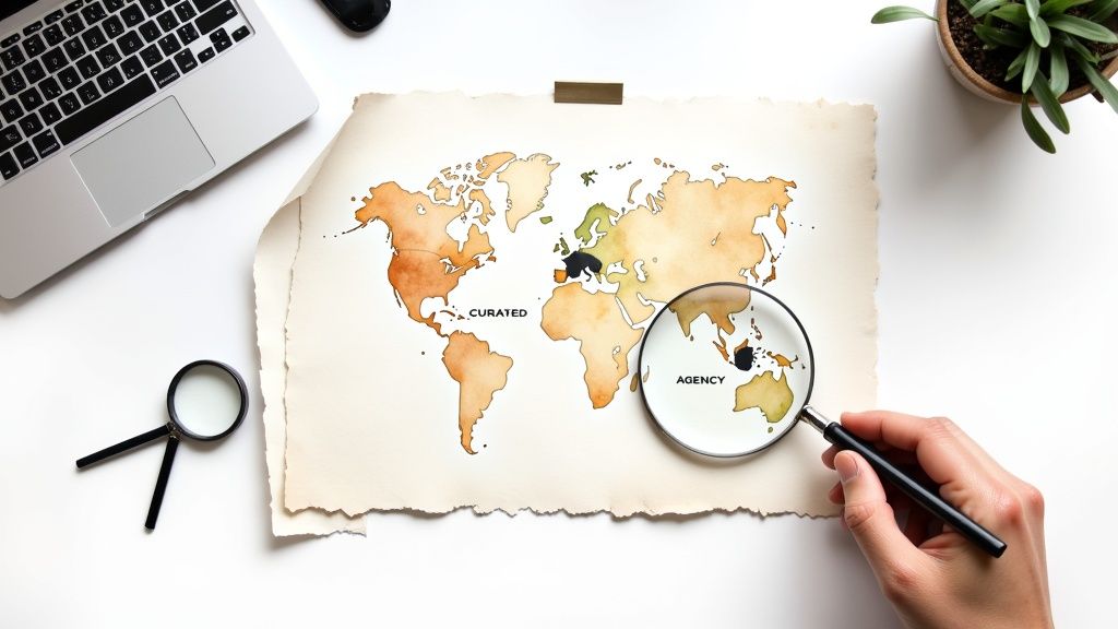A hand using a magnifying glass to examine a watercolor world map with 'AGENCY' visible, on a desk with a laptop.