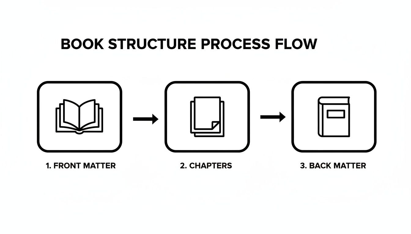 A flow diagram illustrating the book structure process: front matter, chapters, and back matter.