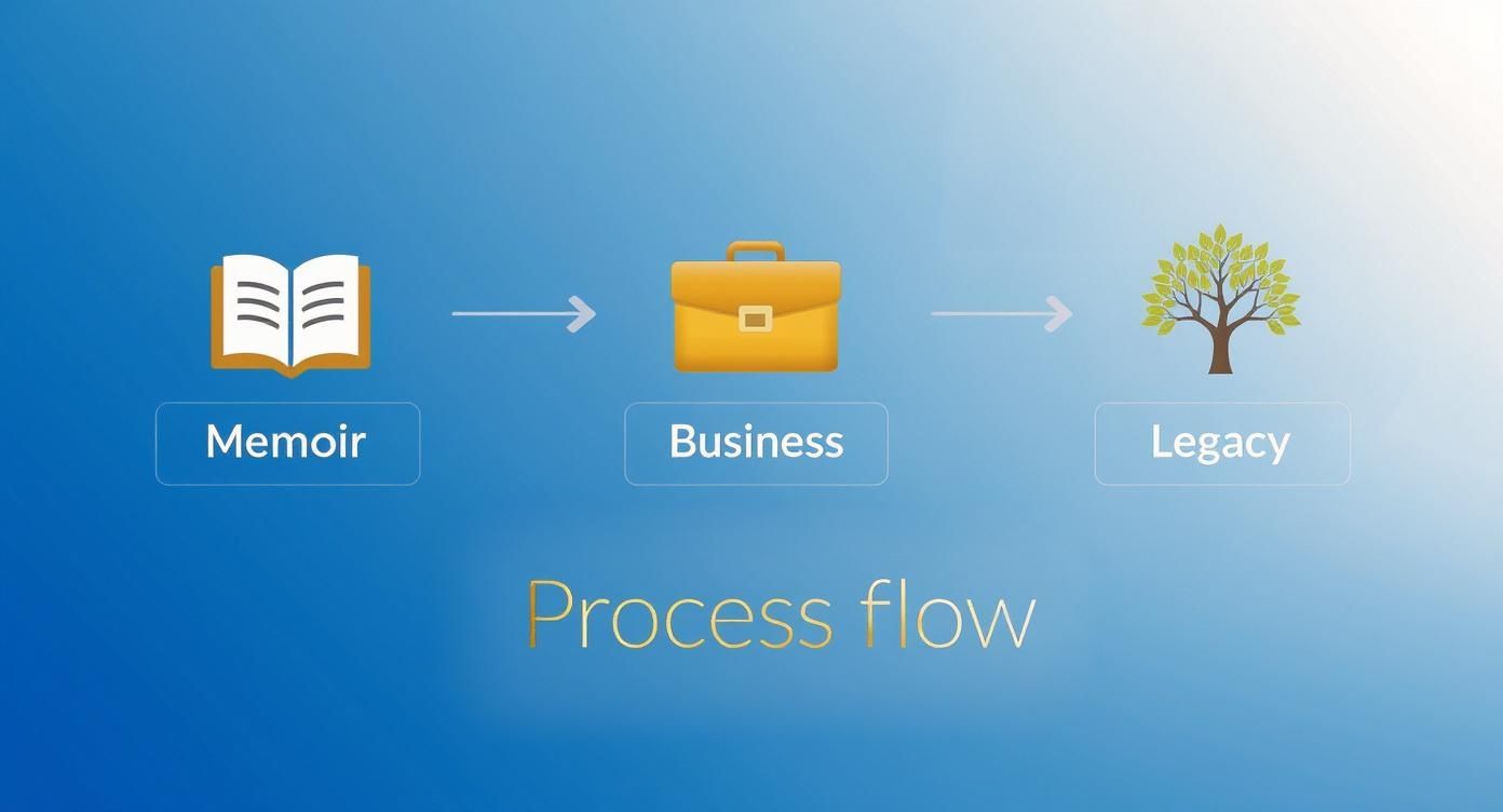 A three-step process flow with icons: memoir (book), business (briefcase), and legacy (tree).