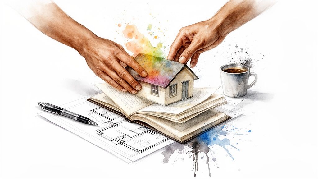 Hands placing a colorful house model on an open book with architectural blueprints and coffee.