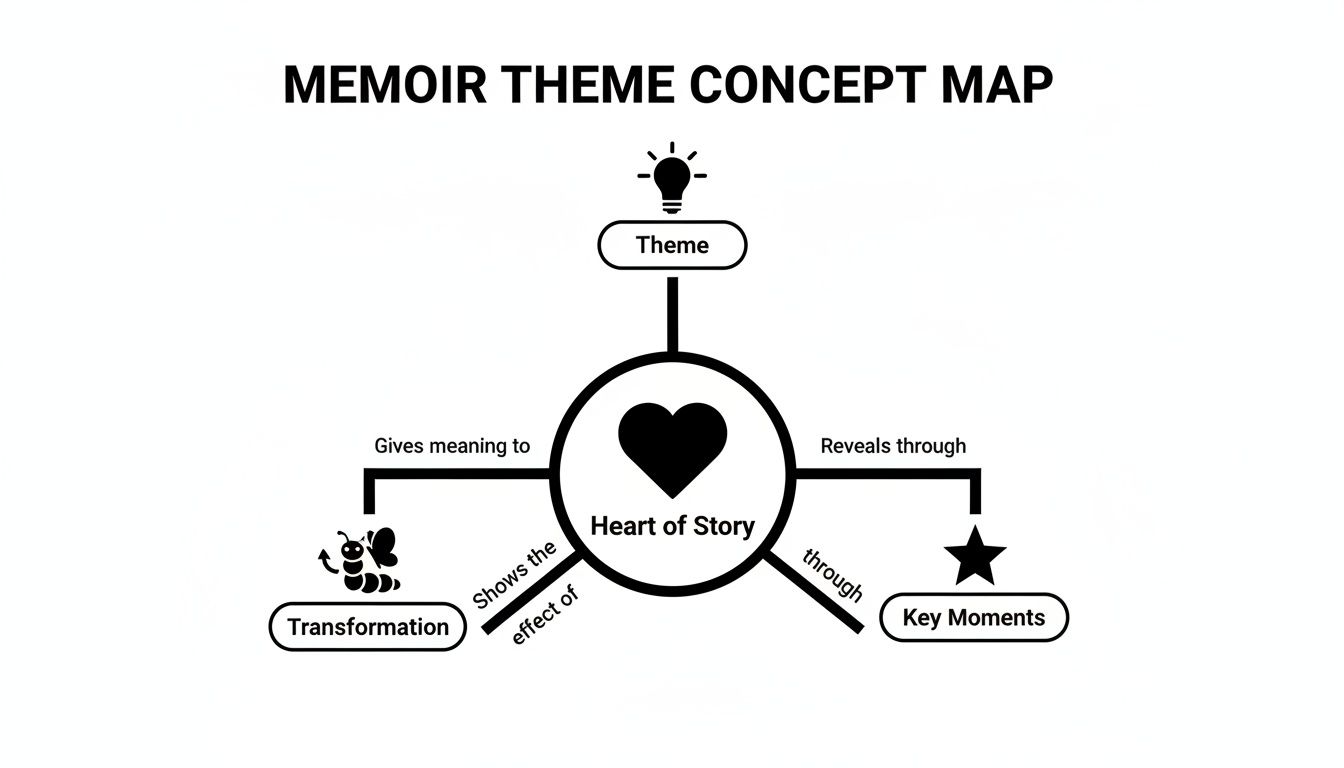 A concept map illustrating the memoir theme, connecting the heart of the story to theme, transformation, and key moments.