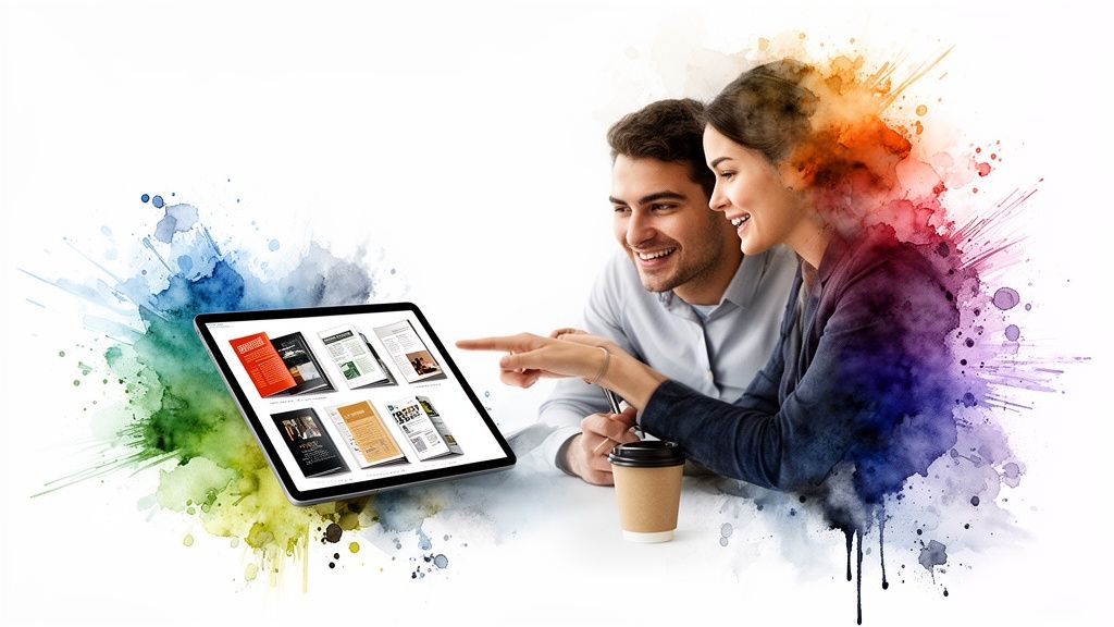 Two smiling colleagues collaborating on book designs displayed on a tablet with vibrant watercolor art.