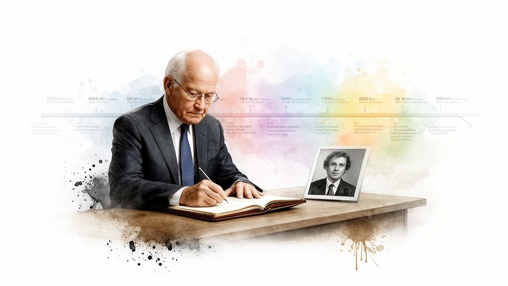 A senior executive writing in a journal, with a timeline and younger man's portrait behind him.