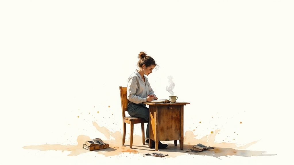 Watercolor of a focused woman writing at a wooden desk with a steaming mug and scattered books.