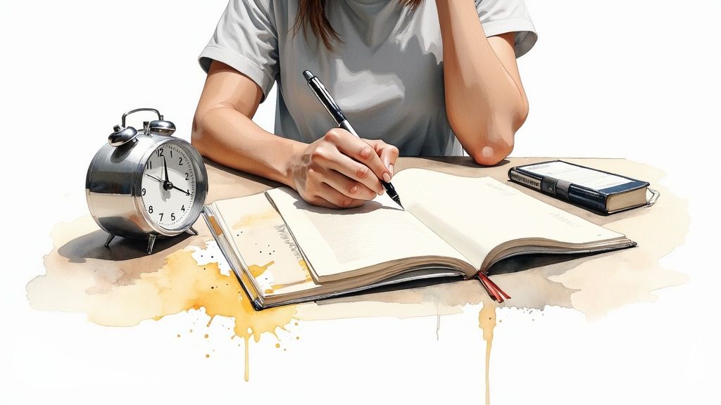 A person writing in an open notebook with a pen, an alarm clock, and a book on a desk.