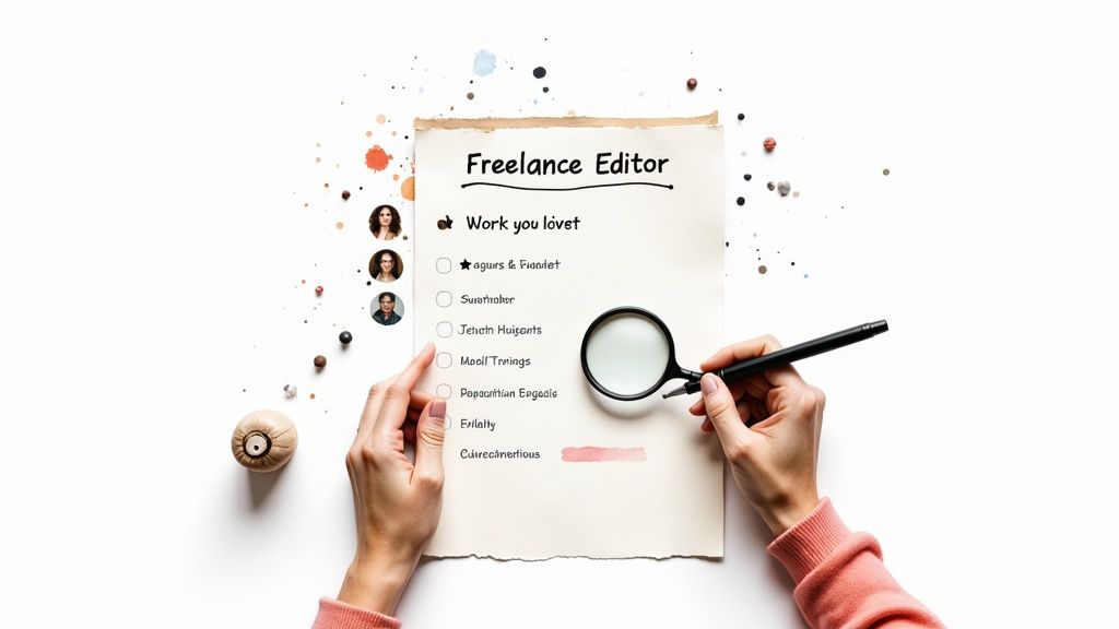 Hands holding a 'Freelance Editor' checklist with a magnifying glass, searching for work options.