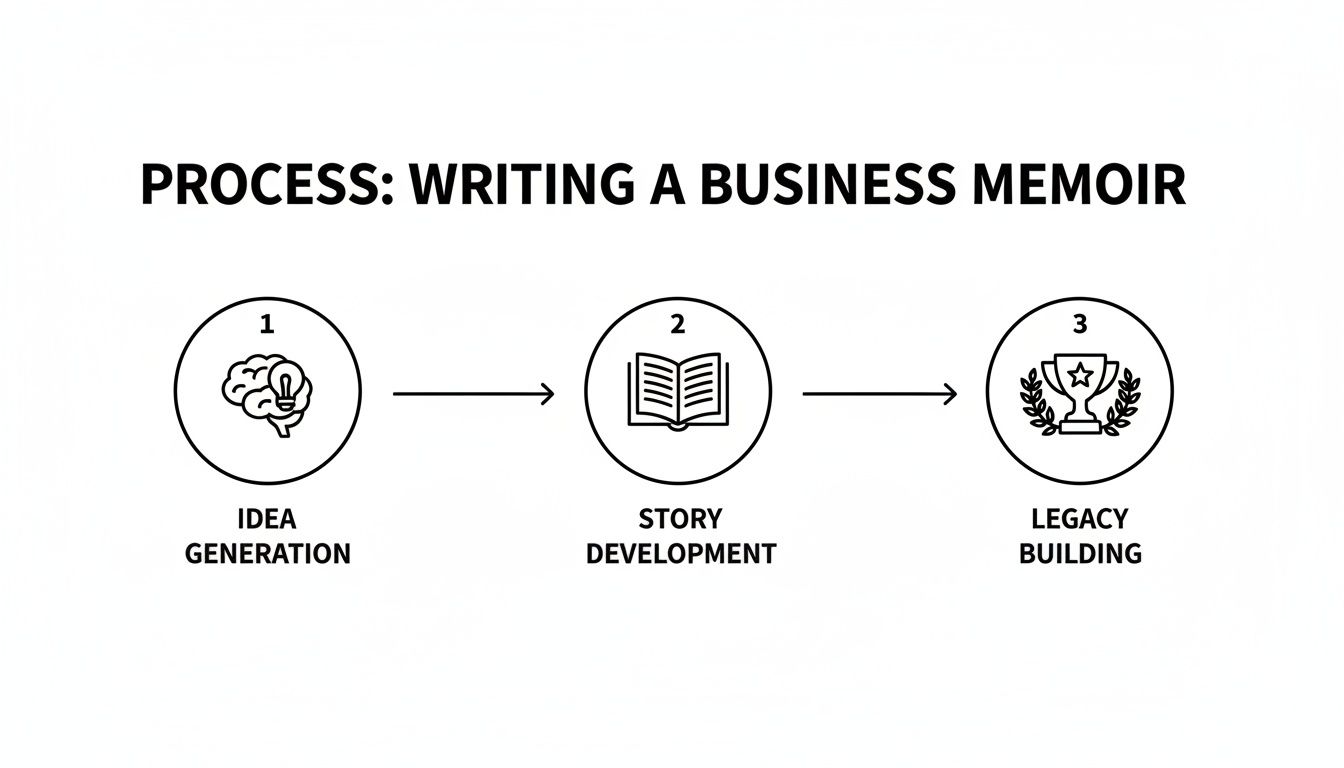 A three-step diagram illustrates the process flow for writing a business memoir, from idea to legacy.