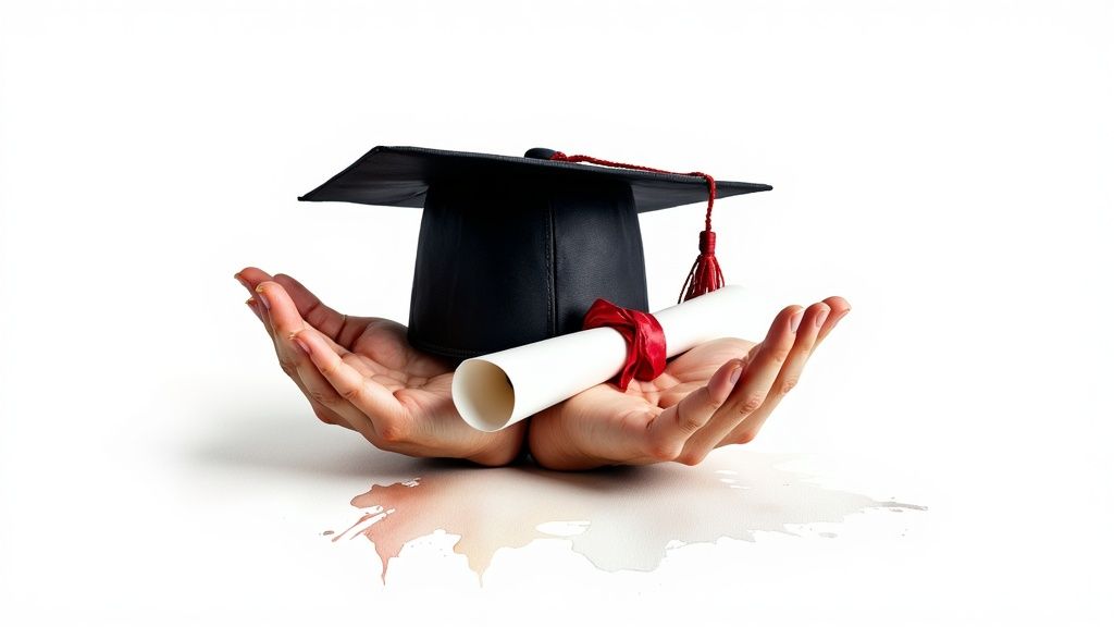 Two hands gently hold a black graduation cap and a white diploma scroll tied with a red ribbon, signifying academic success.