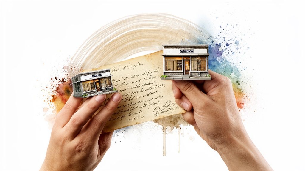 Two hands holding miniature store buildings over an old document with colorful paint splatters.