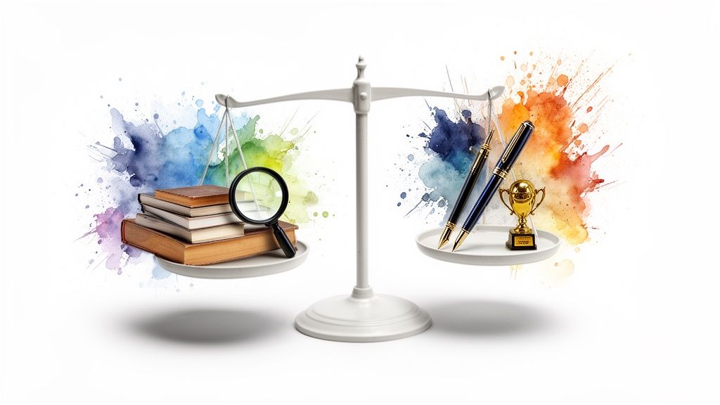 A balanced scale depicts books, a magnifying glass, pens, and a trophy on colorful watercolor.