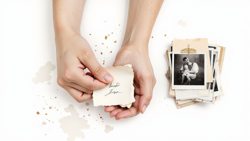 Close-up of hands holding a 'Loved You' note next to vintage family photographs.