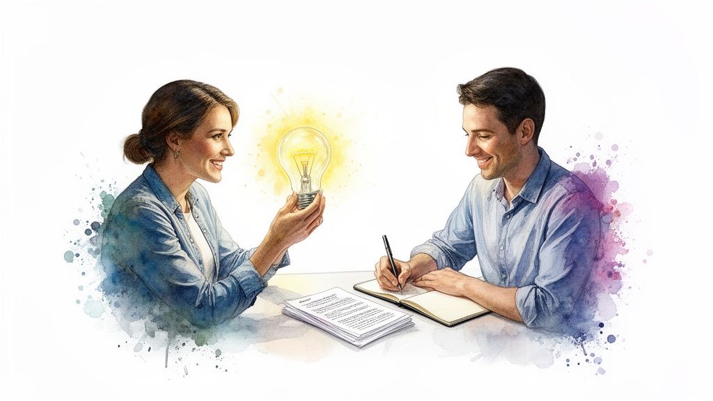 Two smiling people, a woman holding a glowing light bulb and a man writing, in watercolor art.