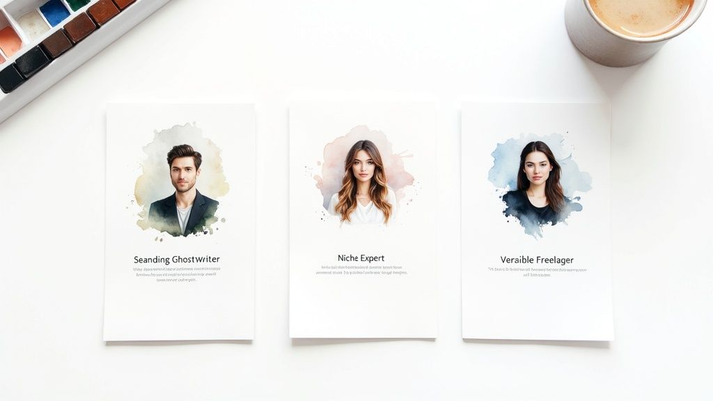 Three white cards showcase watercolor portraits of a ghostwriter, niche expert, and freelager on a desk.