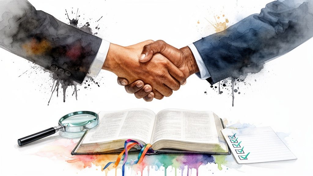 Diverse hands shaking above an open book with ribbons, magnifying glass, and completed checklist.