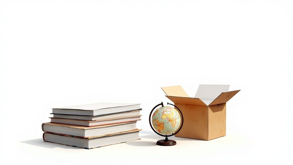 Stack of old books, a small globe, and an open moving box on a bright white surface.