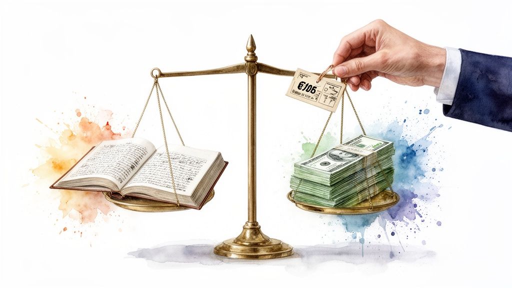 A scale balancing an open book with stacks of money, a hand holds a price tag.