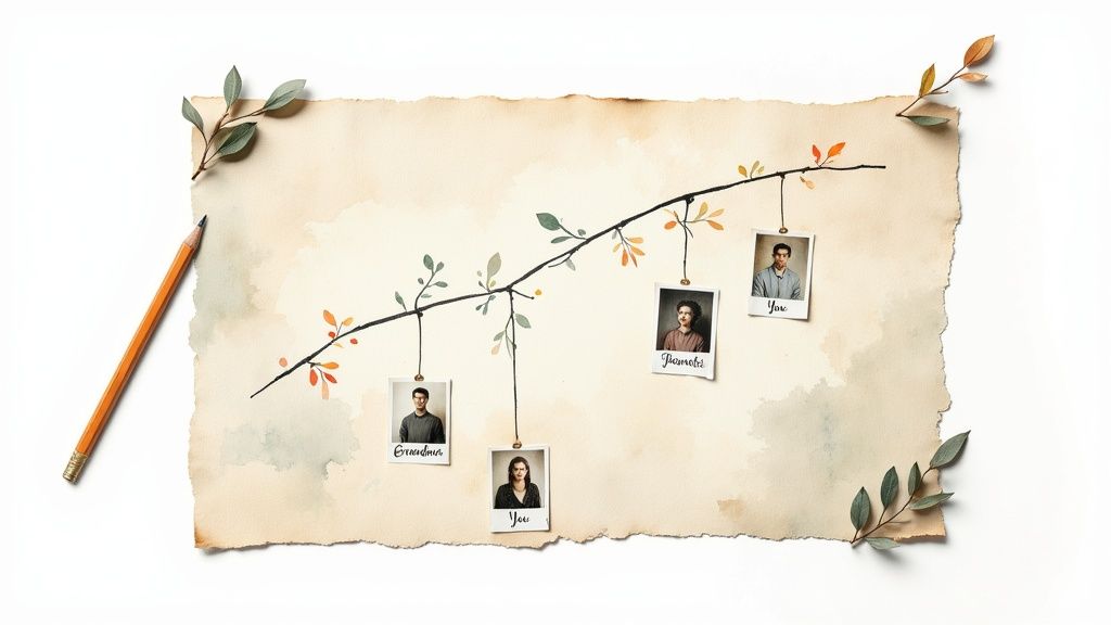 Watercolor illustration of a family tree with polaroid photos of family members hanging from branches.