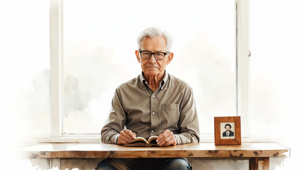 An elderly man with glasses reads a book at a wooden table, beside a framed photo.