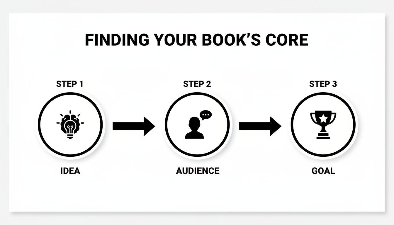 Infographic illustrating a 3-step process to find a book's core: Idea, Audience, and Goal.