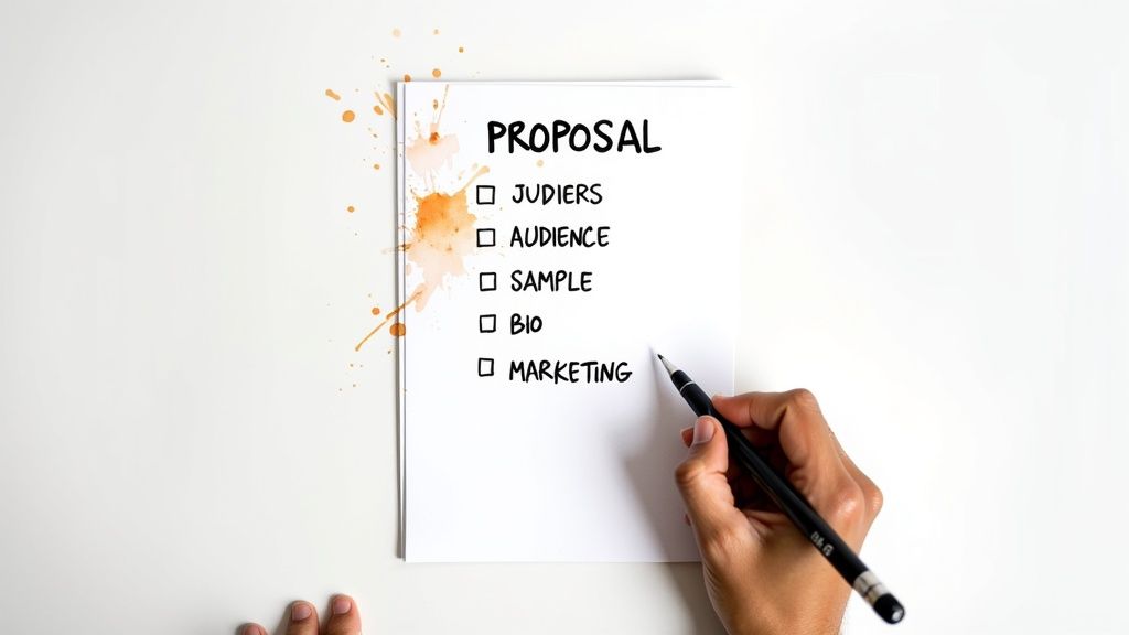A hand writing on a notebook with a 'PROPOSAL' checklist, including 'AUDIENCE' and 'MARKETING'.