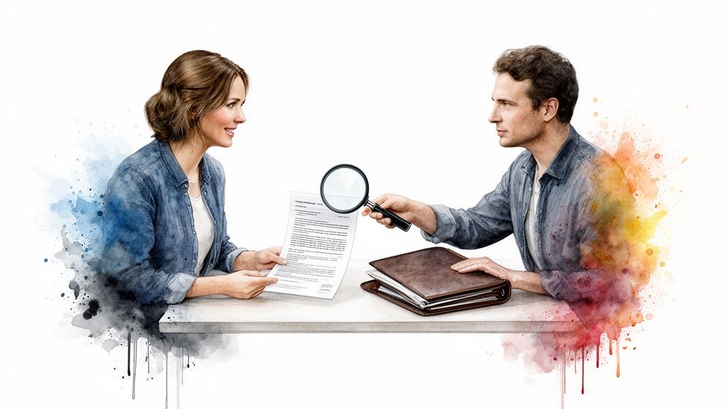 Two people review a document with a magnifying glass, emphasizing careful examination and due diligence.