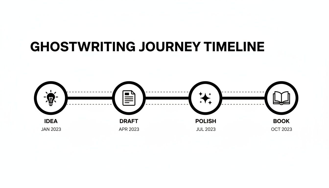 Timeline illustrating the ghostwriting journey with stages: Idea, Draft, Polish, and Book, including dates.