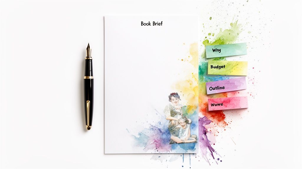 A 'Book Brief' document on a white surface with colorful sticky notes and a fountain pen.