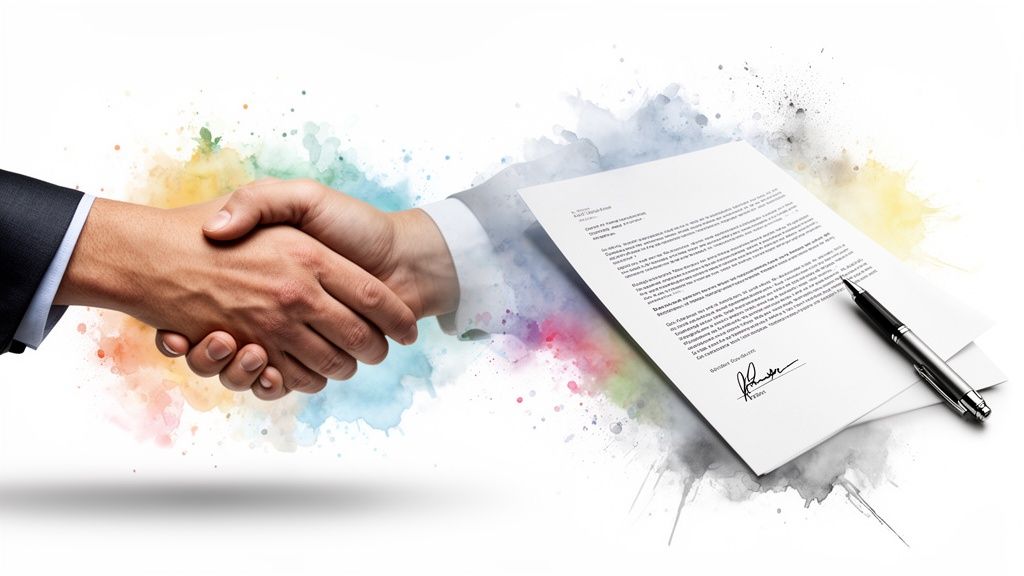 Professional handshake symbolizing a business deal, next to a signed contract and pen.