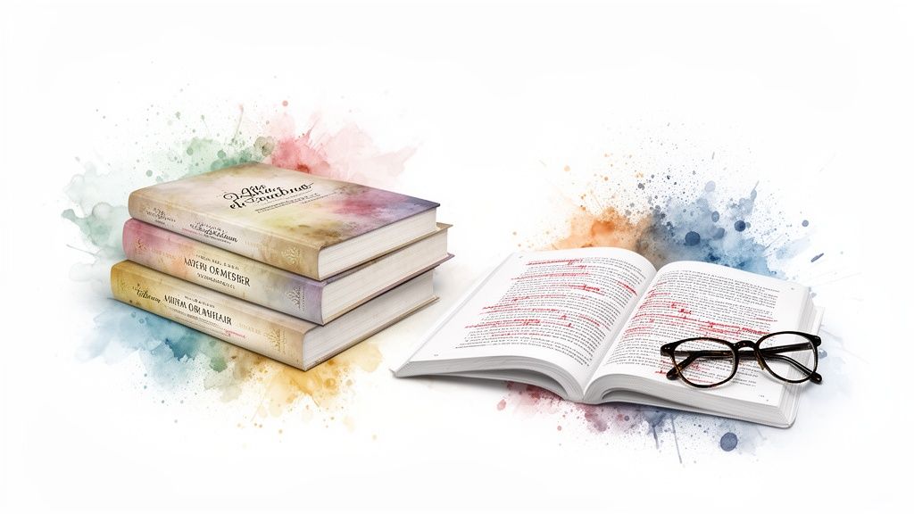 A stack of three books next to an open book with glasses and colorful watercolor splashes.