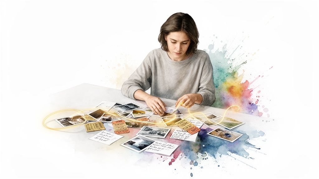 A person organizing old photos, notes, and tickets on a table with glowing lines, surrounded by watercolor splashes, symbolizing memories.