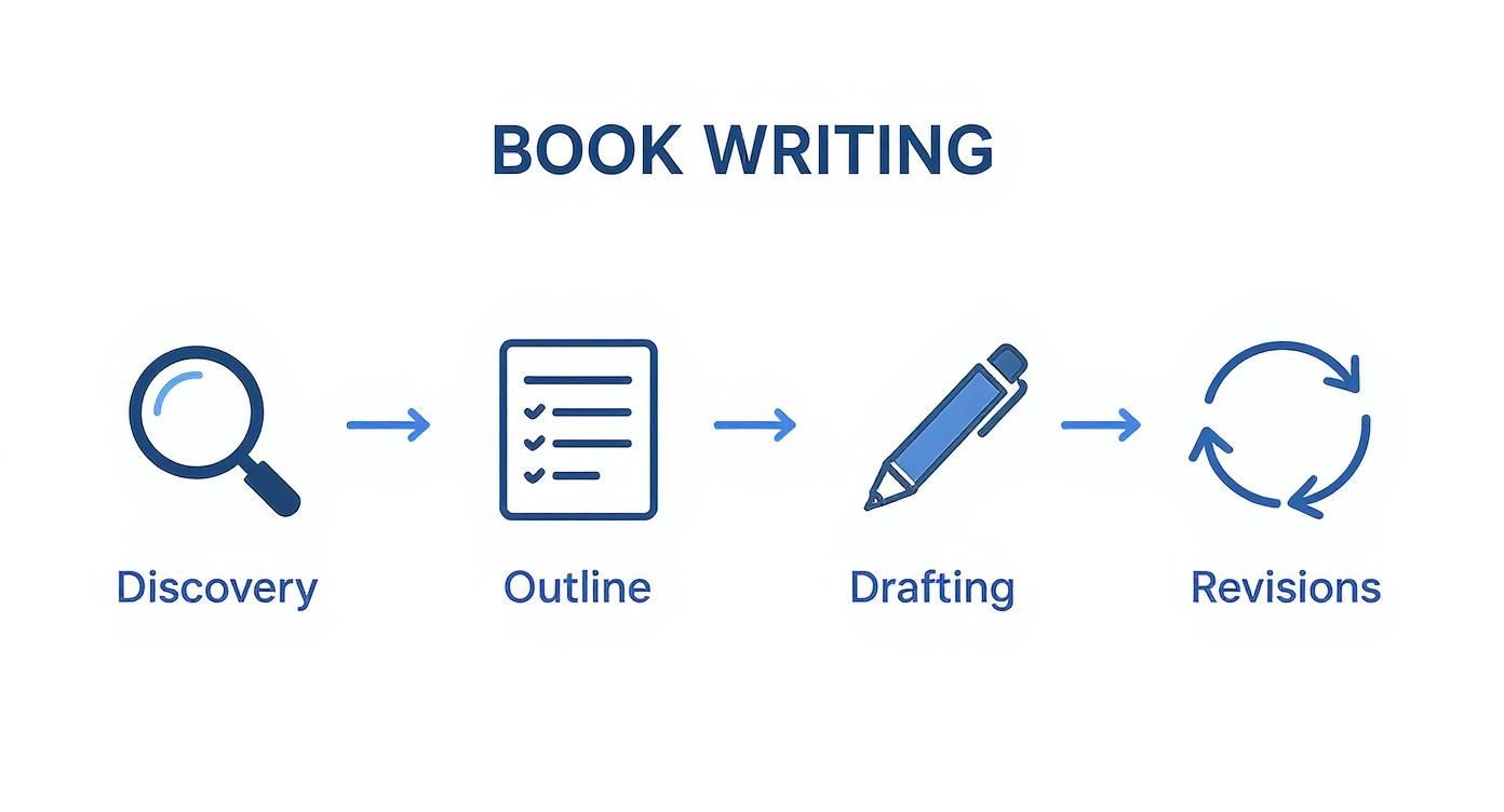 A flowchart illustrating the book writing process: Discovery, Outline, Drafting, and Revisions.