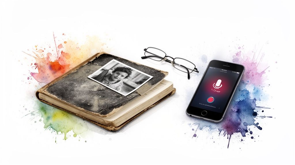 An old book with a black and white photo, glasses, and a smartphone recording audio.