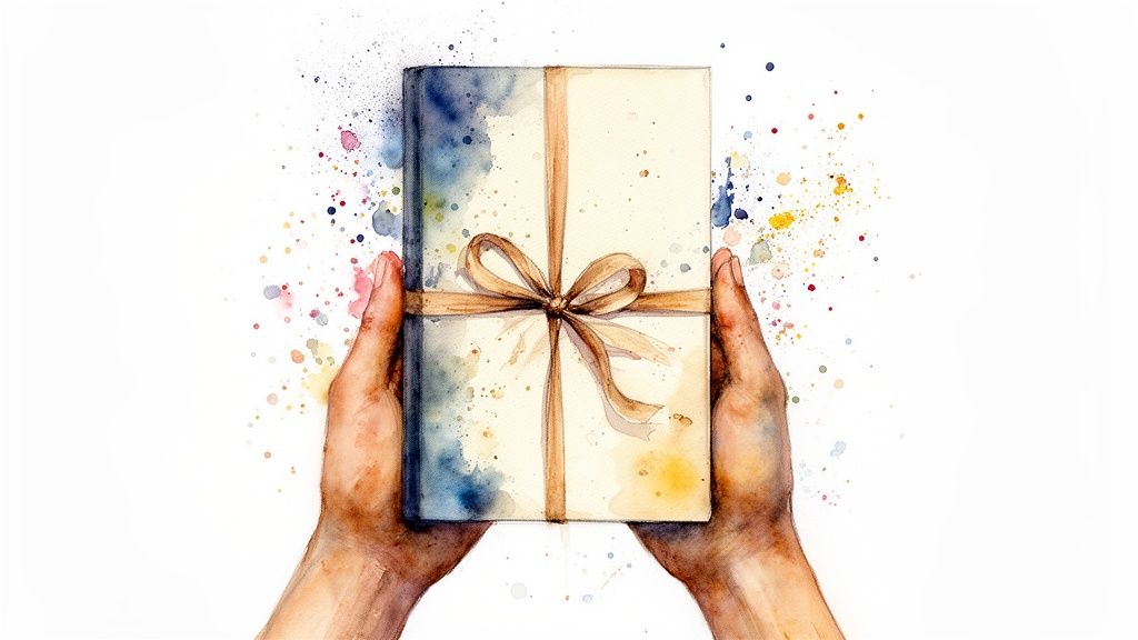 A watercolor painting showing two hands holding a gift-wrapped book tied with a brown ribbon and bow, with colorful splatters.