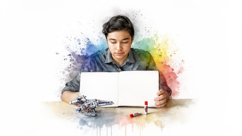 A young artist in a watercolor style focuses on an open sketchpad with craft supplies.