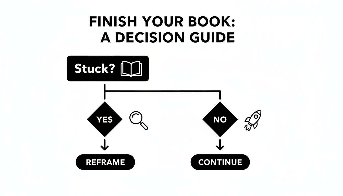 Flowchart decision guide for writers: If stuck, reframe your approach; if not, continue writing.