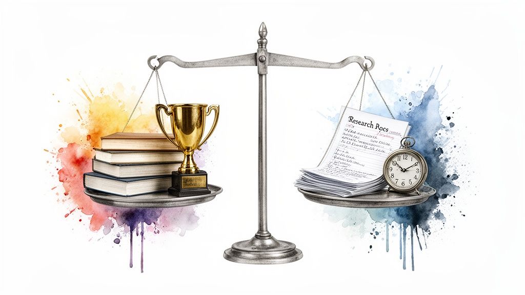 A balanced scale showing books and a golden trophy on one side, and research papers with a clock on the other, against watercolor splashes.