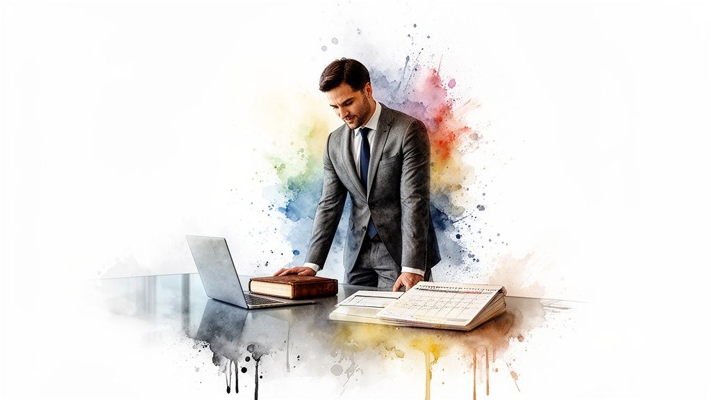 A man in a suit works at a desk with a laptop, book, and planner, surrounded by watercolor splashes.