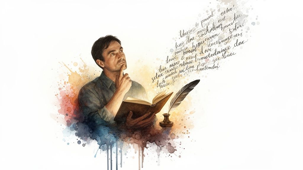 A thoughtful man holding an open book with a quill, surrounded by flowing script, in a watercolor style.