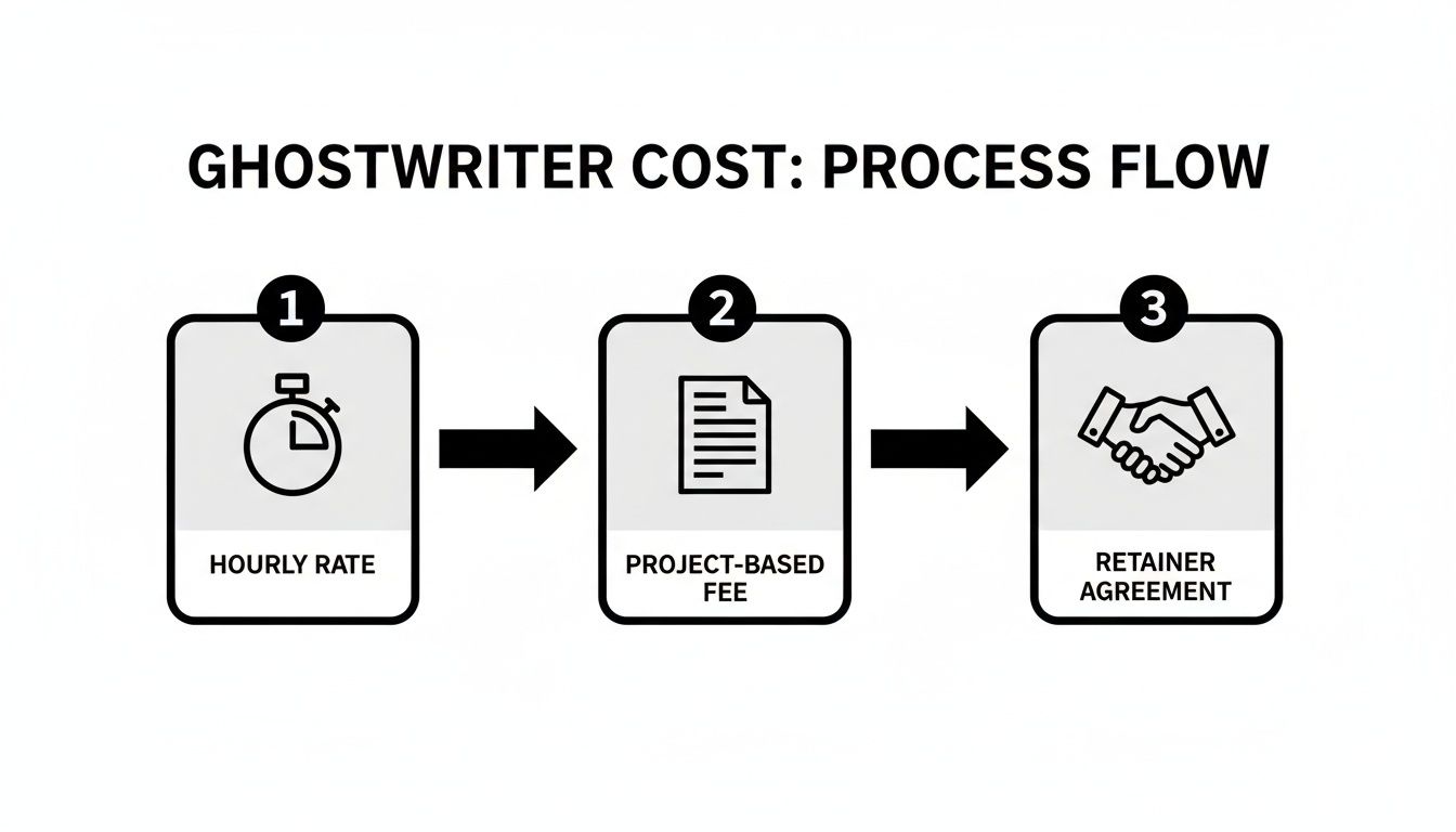 Flowchart illustrating ghostwriter cost models: hourly rate, project-based fee, and retainer agreement.