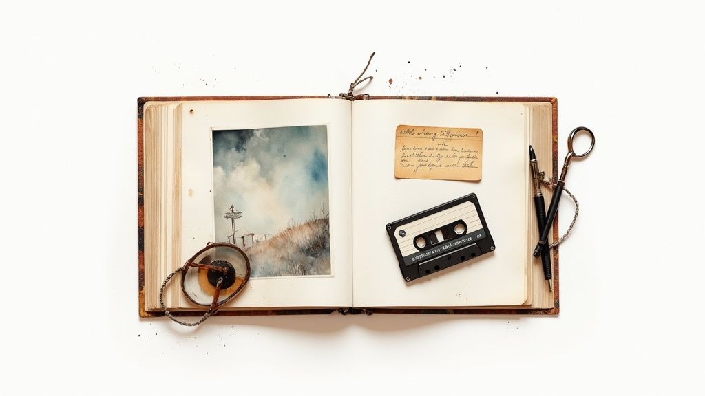 An open old book with a painting, handwritten note, cassette, pen, and scissors on white.