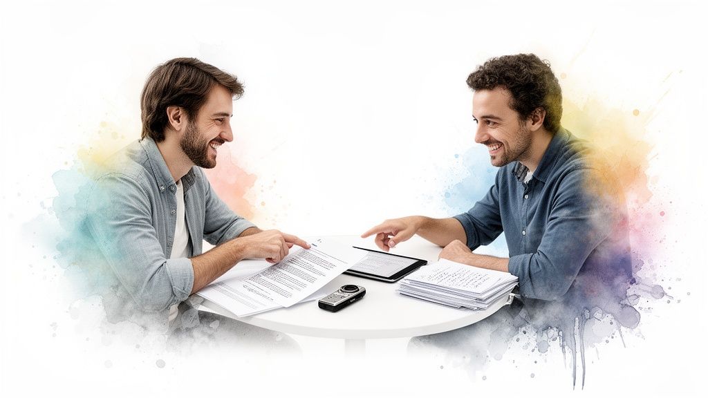 Two smiling men discuss documents and a tablet, with a recording device on a white table.