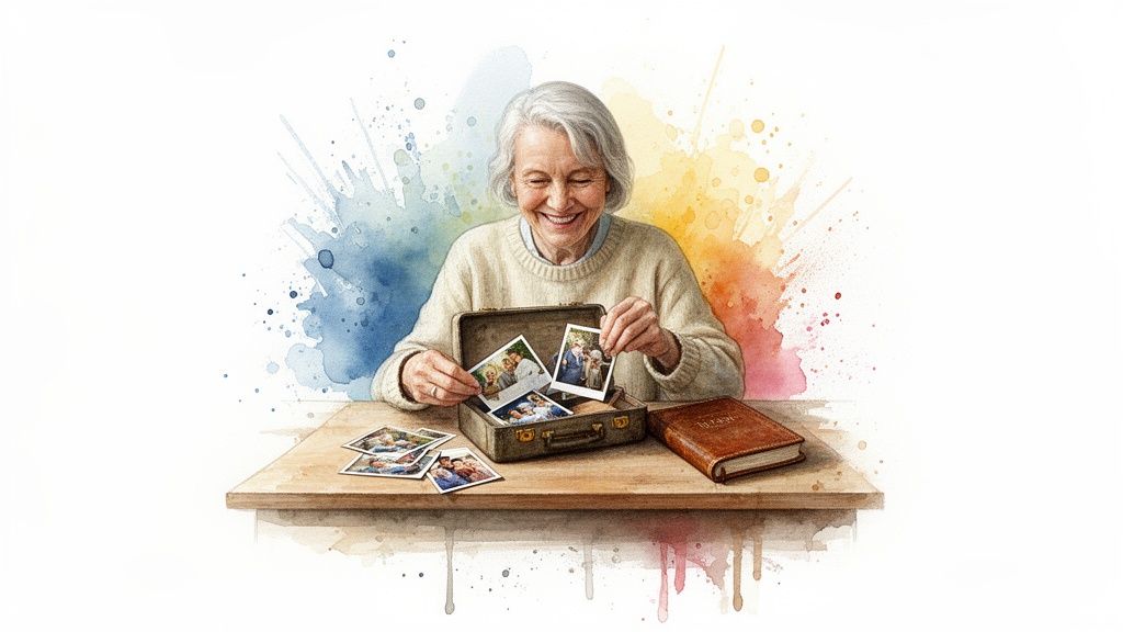 A happy senior woman cherishes old family photos, recalling memories with a joyful smile.
