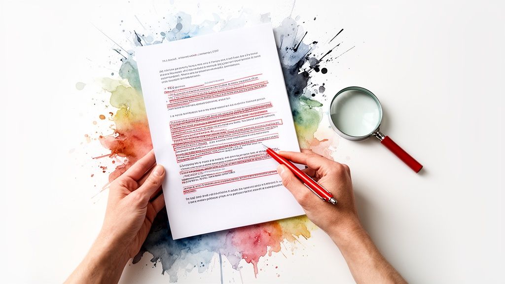 Hands holding a document with red edits, a red pen, and a magnifying glass on a watercolor background.
