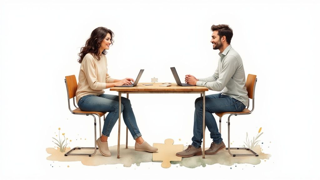 Two people smiling and working on laptops at a table with connecting puzzle pieces.